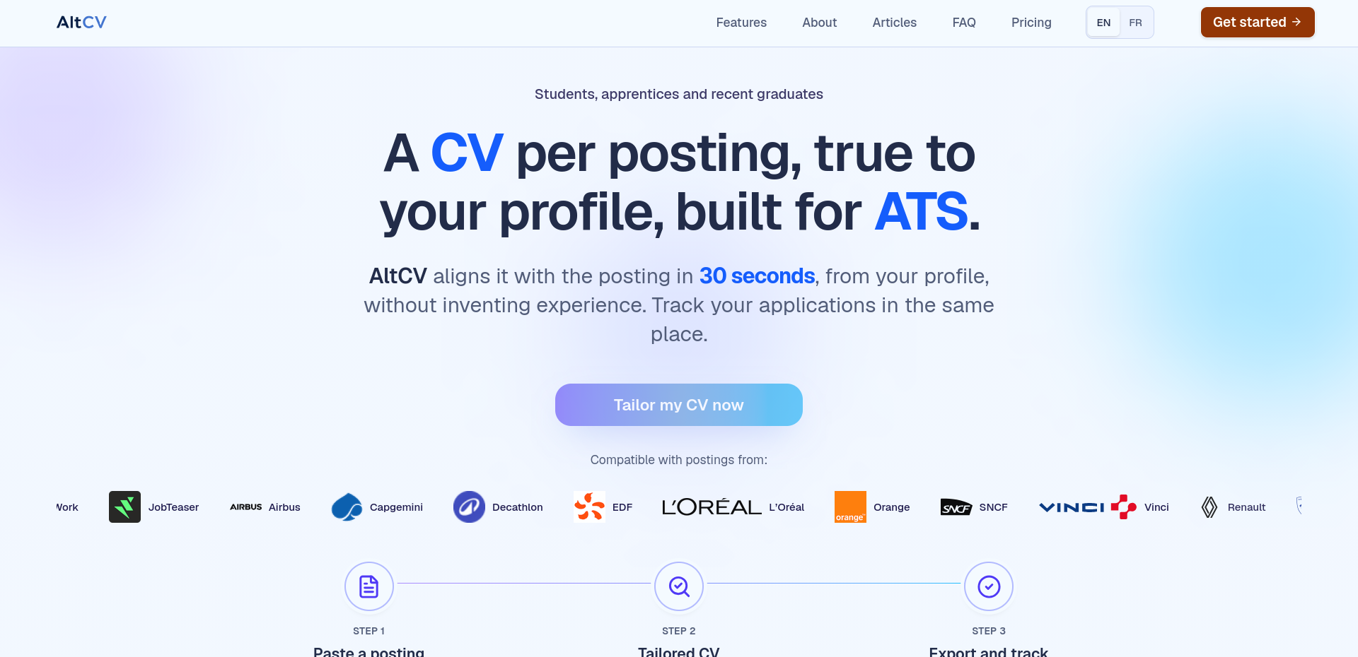 Screenshot of the AltCV homepage showing its CV tailoring service